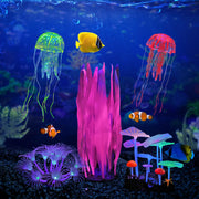 Colorful underwater scene with glowing jellyfish, coral, clownfish and aquarium decorations