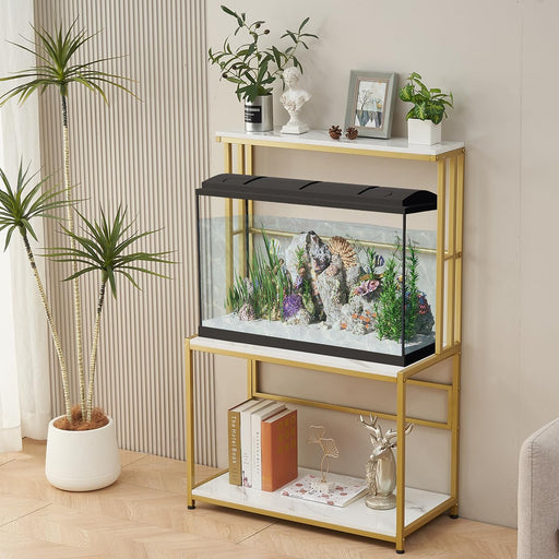Gold metal aquarium stand with fish tank, white shelves, plants and decorative items displayed