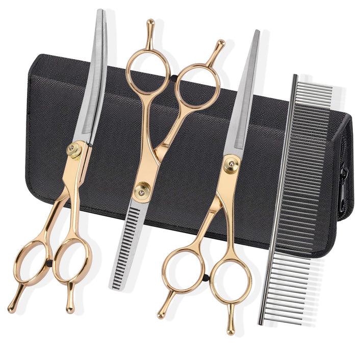 Five gold-colored pet grooming scissors and comb with black carrying case on white background