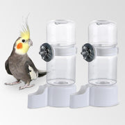 Gray cockatiel next to two clear gravity-fed bird water dispensers with white mounting bases