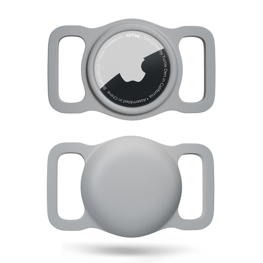 Gray waterproof AirTag dog collar holder showing front with Apple logo and back with attachment