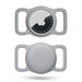 Gray waterproof AirTag dog collar holder showing front with Apple logo and back with attachment