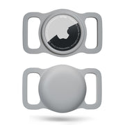 Gray waterproof AirTag dog collar holder showing front with Apple logo and back side view
