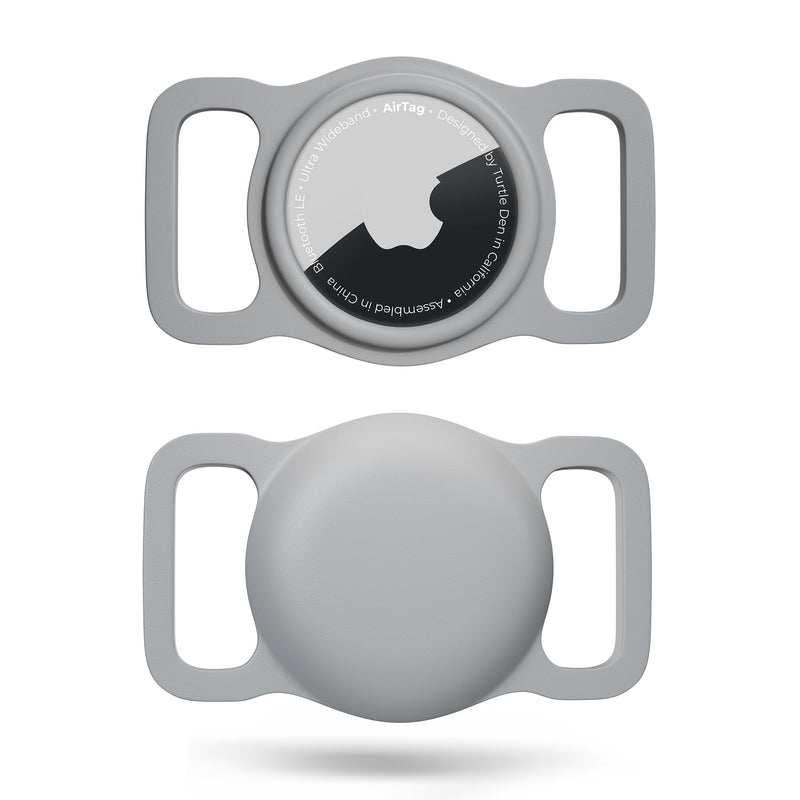 Gray waterproof AirTag dog collar holder showing front with Apple logo and back side view