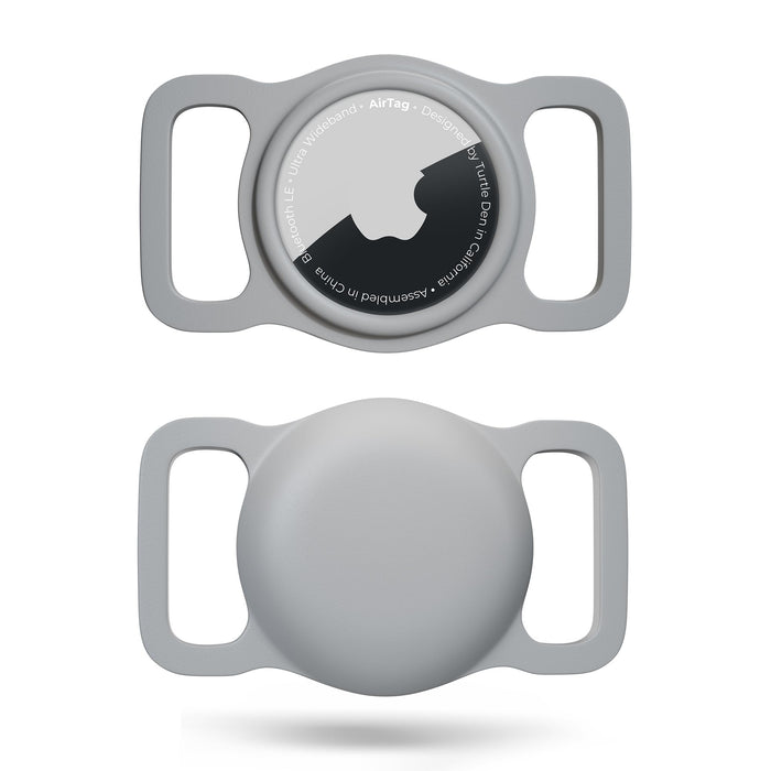 Gray waterproof AirTag dog collar holder showing front with Apple logo and back side view