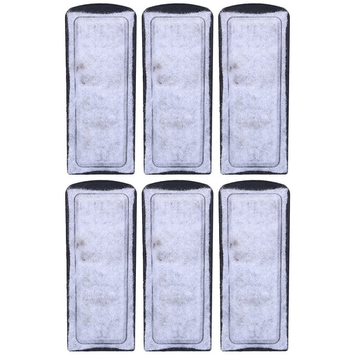 Six gray aquarium filter cartridges arranged in two rows showing rectangular shape and black tops