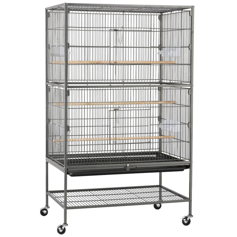 Gray metal bird cage with multiple perches and feeding doors on wheeled stand