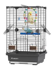 Gray wire bird cage with two cockatiels, colorful toys, perches, and food dishes visible