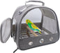 Gray bird travel carrier with transparent dome, open side door showing green budgie on wooden perch