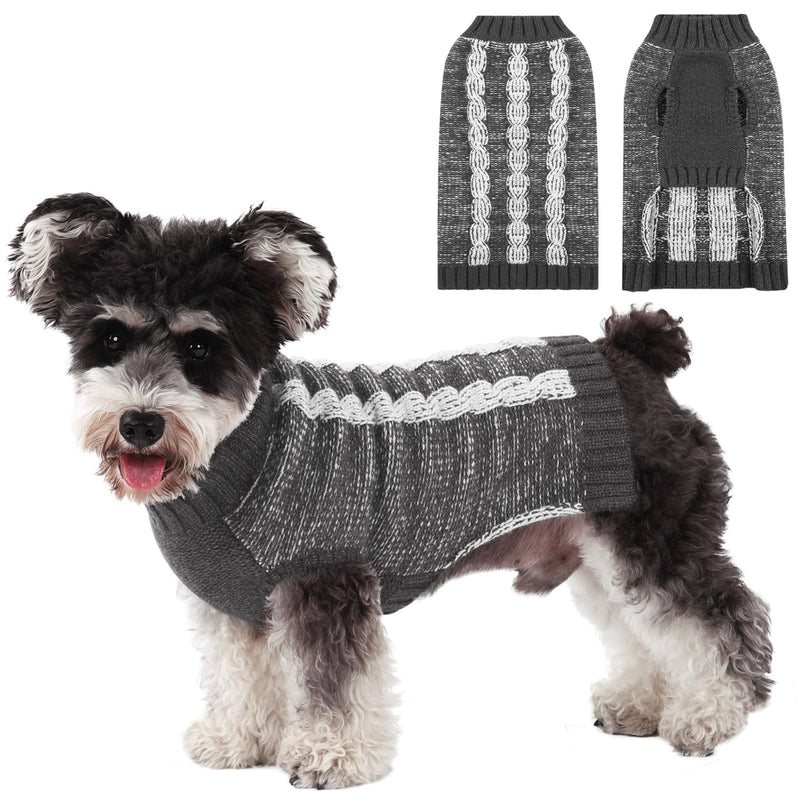Gray knit dog sweater with white cable pattern worn by small schnauzer, product views shown above