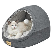 Gray cat cave bed with white Ragdoll cat inside and hanging pom-pom toy, JIUPETY brand label