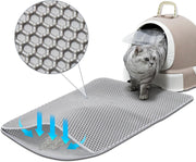 Gray tabby cat exiting white litter box onto honeycomb-textured gray mat with close-up detail