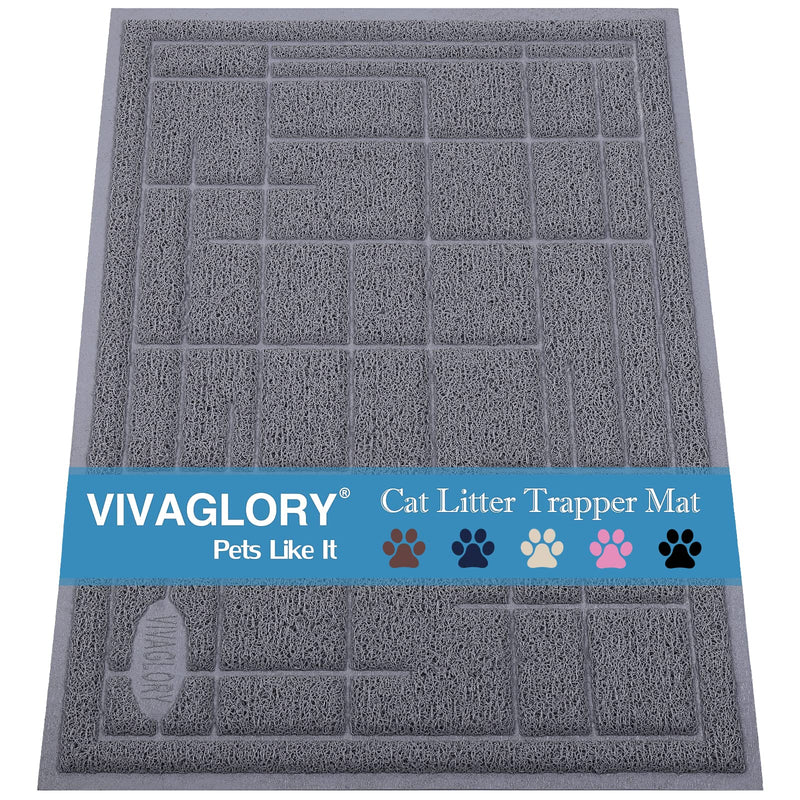 Gray textured cat litter trapper mat with VIVAGLORY branding and colorful paw print icons