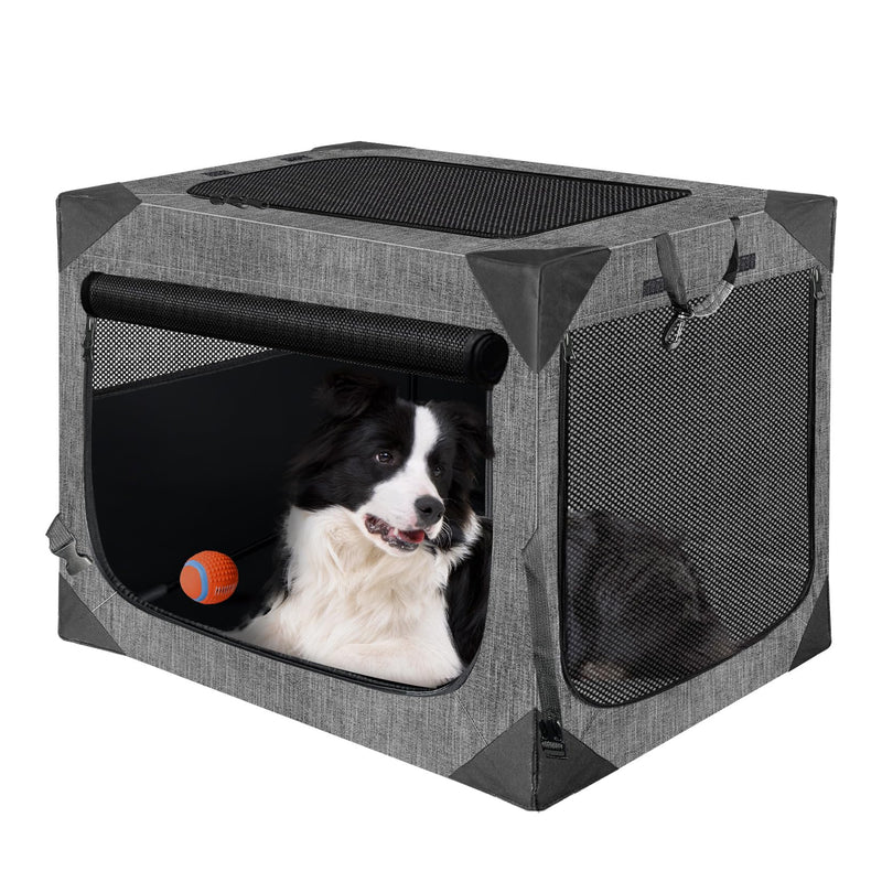 Gray portable dog crate with black and white Border Collie inside, mesh windows and orange ball toy