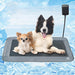 Two dogs on gray electric cooling mat with power adapter against icy blue background