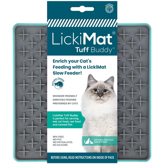 Gray cross-pattern slow feeder lick mat with teal packaging showing ragdoll cat and product details