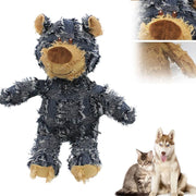 Gray frayed denim bear dog toy with tan snout and paws, showing distressed fabric texture