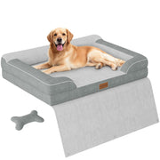 Gray orthopedic dog bed with removable cover and bone-shaped toy accessory displayed