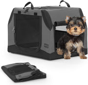 Gray collapsible dog crate shown assembled and folded flat demonstrating portability