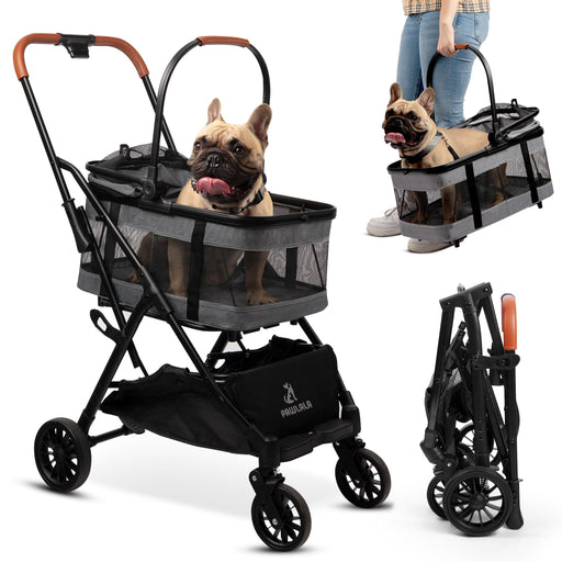 Gray pet stroller with French bulldog inside, showing foldable design and carrying handle