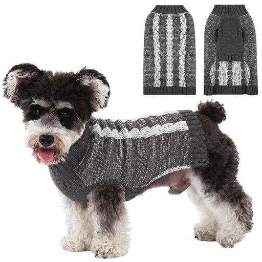 Gray cable knit dog sweater with white braided pattern shown flat and on small terrier mix dog