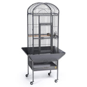 Gray dome top bird cage with multiple perches, food bowls, and rolling stand on white background