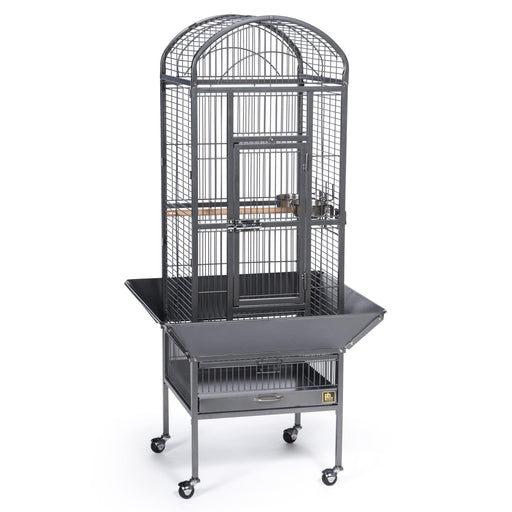 Gray dome top bird cage with multiple perches, food bowls, and rolling stand on white background