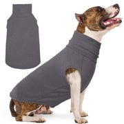 Gray fleece turtleneck dog sweater shown on brindle and white dog with flat lay view on left