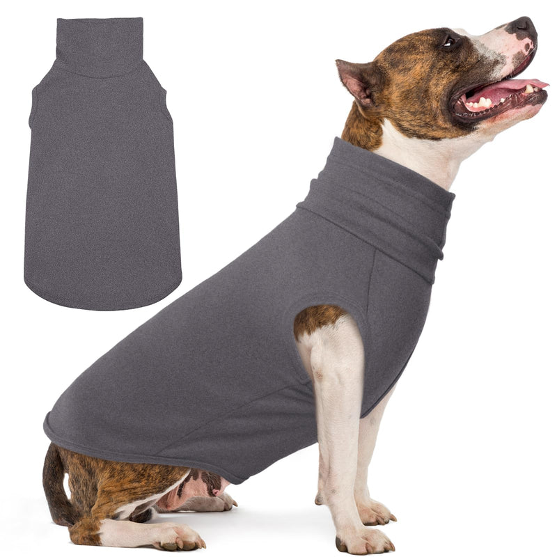 Gray fleece turtleneck dog sweater shown on brindle and white dog with flat lay view on left