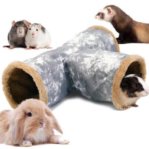 Gray fleece 3-way tunnel with small pets - rats, ferret, guinea pig, and rabbit around it