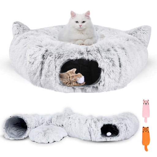 Gray fluffy cat tunnel bed with white cat on top and orange kitten playing inside tunnel