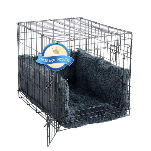 Dark gray fluffy dog crate bumper and mat set inside wire dog crate with crate not included badge