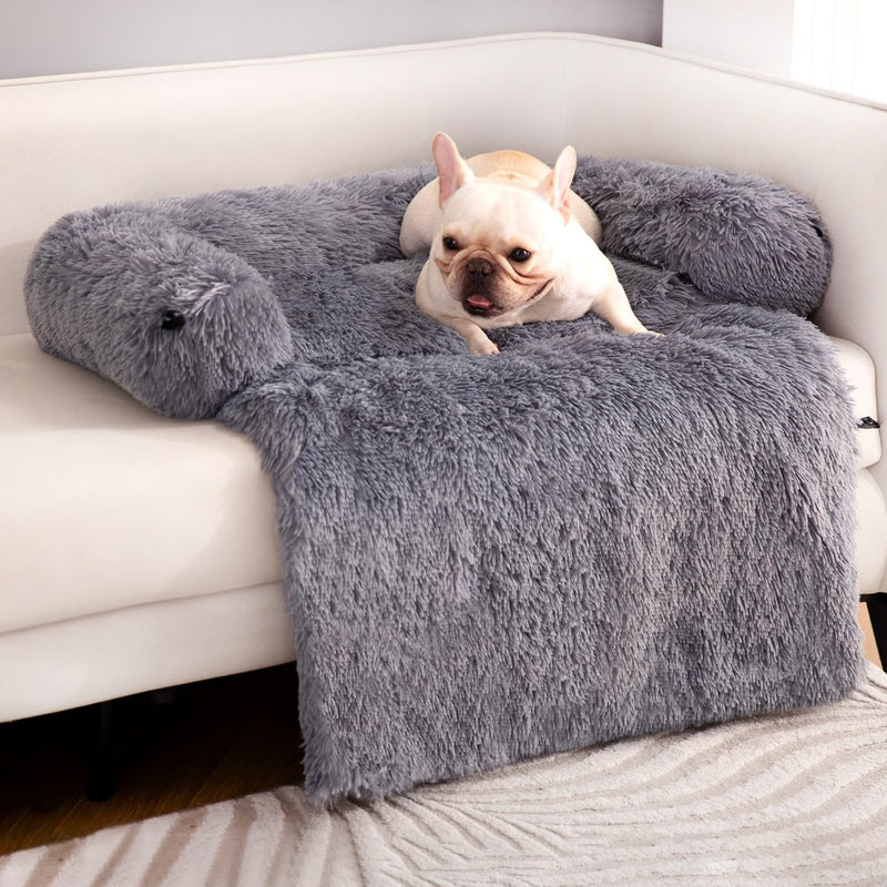 Cream French Bulldog relaxing on gray fluffy couch protector blanket on white sofa