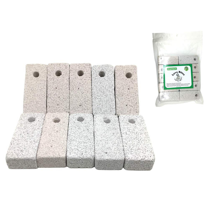 Ten gray pumice lava stone blocks arranged in two rows with holes drilled through each block