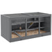 Gray wooden hamster habitat with multiple levels, glass front panels, and two hamsters visible