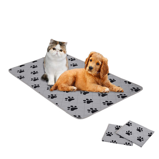 Gray waterproof dog crate pad with black paw prints featuring orange puppy and tabby kitten
