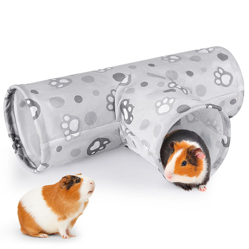 Gray paw print tunnel hideout with two guinea pigs, one inside and one outside on white background