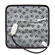 Gray electric pet heating pad with black paw print pattern and white temperature controller