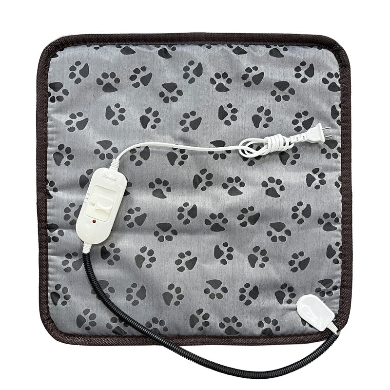 Gray electric pet heating pad with black paw print pattern and white temperature controller