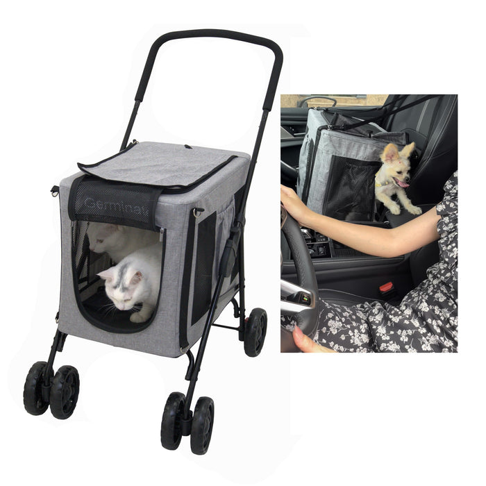 Gray 3-in-1 pet stroller with white cat inside and car seat installation shown in small photo