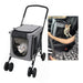 Gray 3-in-1 pet stroller with white cat inside and car seat installation shown in small photo