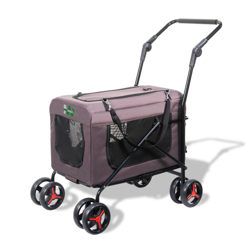 Gray pet stroller with mesh windows, red wheel accents, and adjustable handle on white background