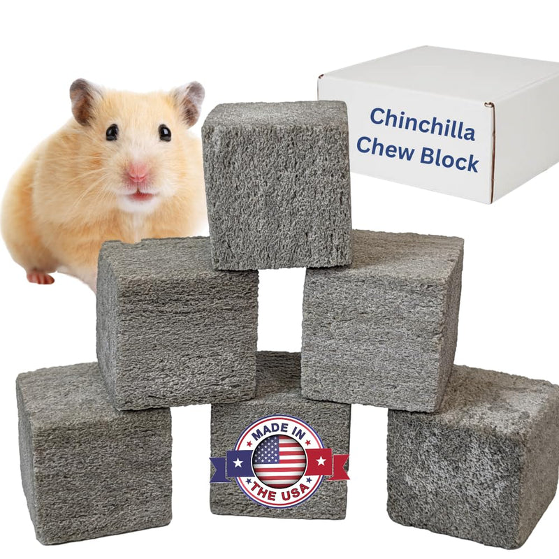 Gray pumice chinchilla chew blocks stacked with hamster and Made in USA label on white background