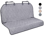 Gray quilted dog car backseat cover with straps shown in multiple color options