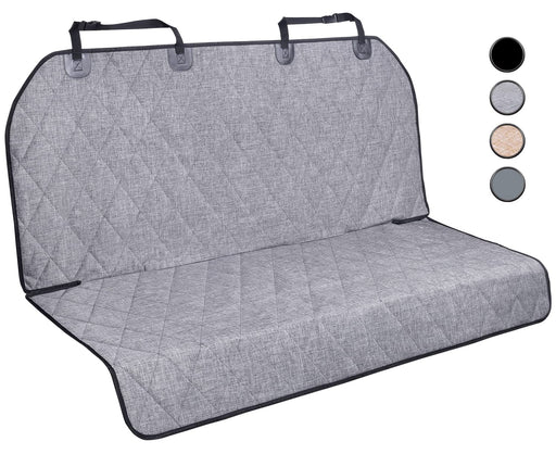 Gray quilted dog car backseat cover with straps shown in multiple color options