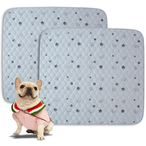 Two gray quilted dog training pads with paw print pattern next to French Bulldog in pink shirt