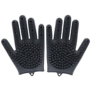 Pair of gray silicone pet grooming gloves with textured rubber bristles on palms and fingers