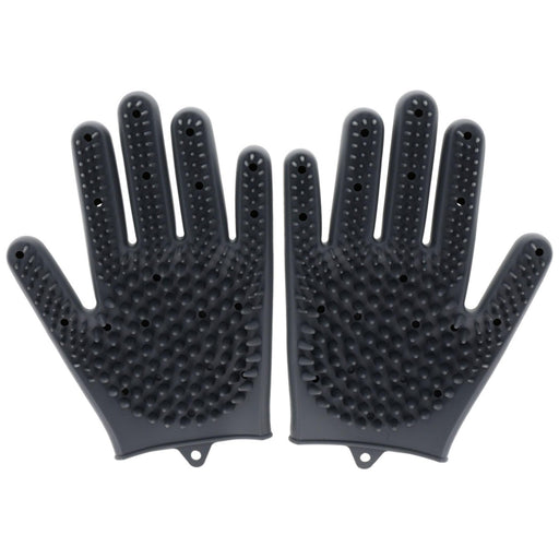Pair of gray silicone pet grooming gloves with textured rubber bristles on palms and fingers