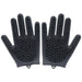 Pair of gray silicone pet grooming gloves with textured rubber bristles on palms and fingers