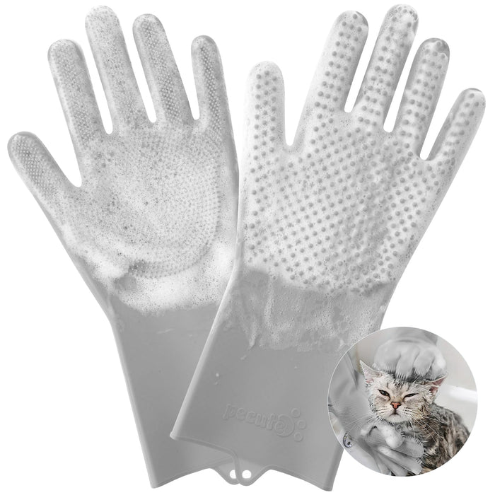 Gray silicone pet grooming gloves with textured palms and small circular inset of cat being bathed